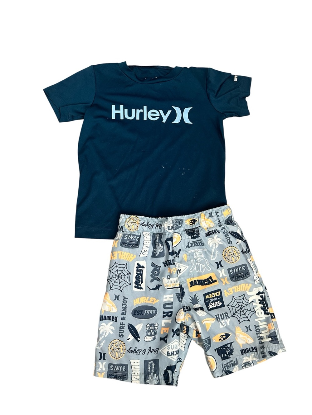 Hurley Boys Navy Blue Rash Guard and Gray Patterned Swim Trunks Set
